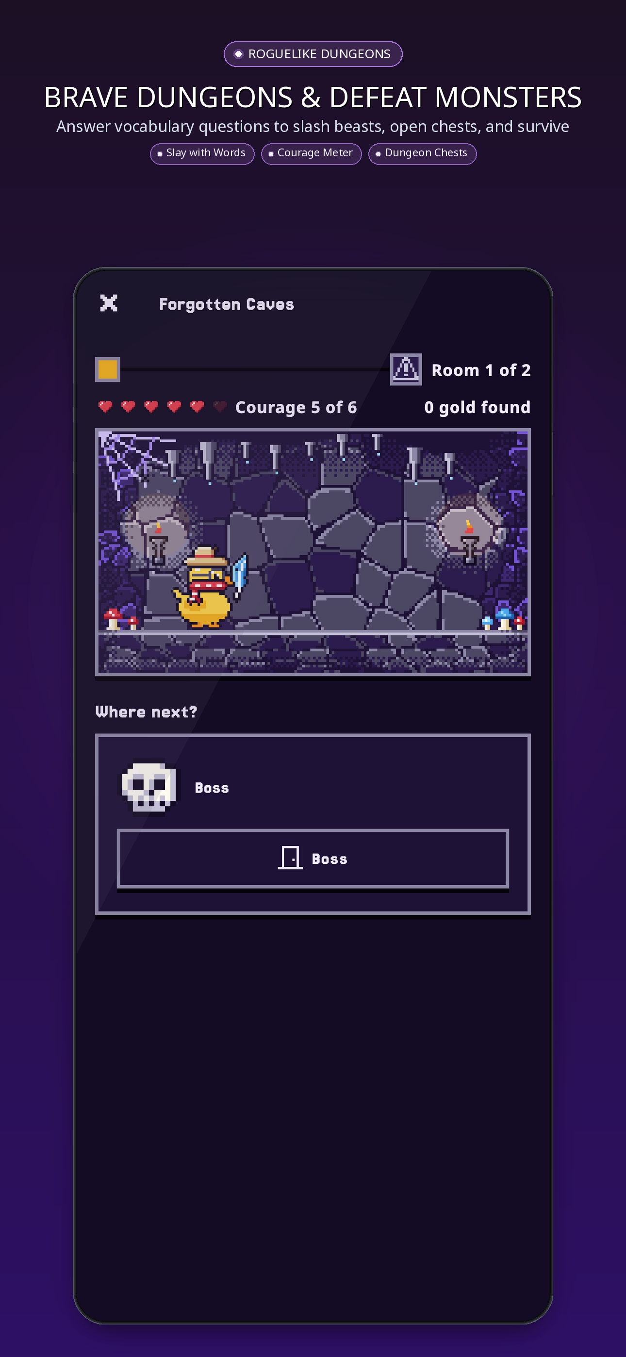 LinguaDuck 2.1 — Brave dungeons & defeat monsters