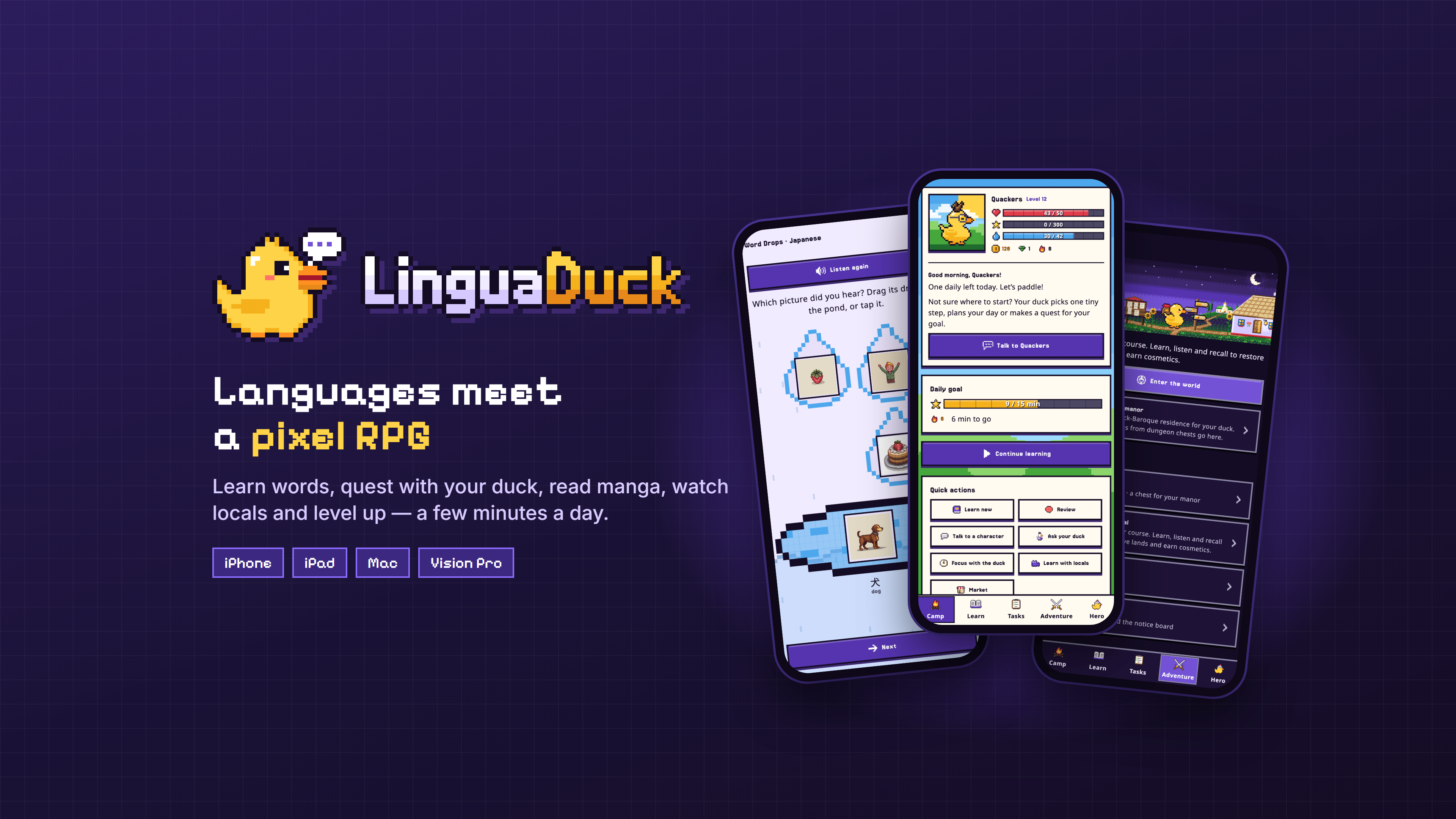 LinguaDuck: Learn & Level Up — the pixel duck logo and three iPhone screens: Word Drops, Camp and Adventure