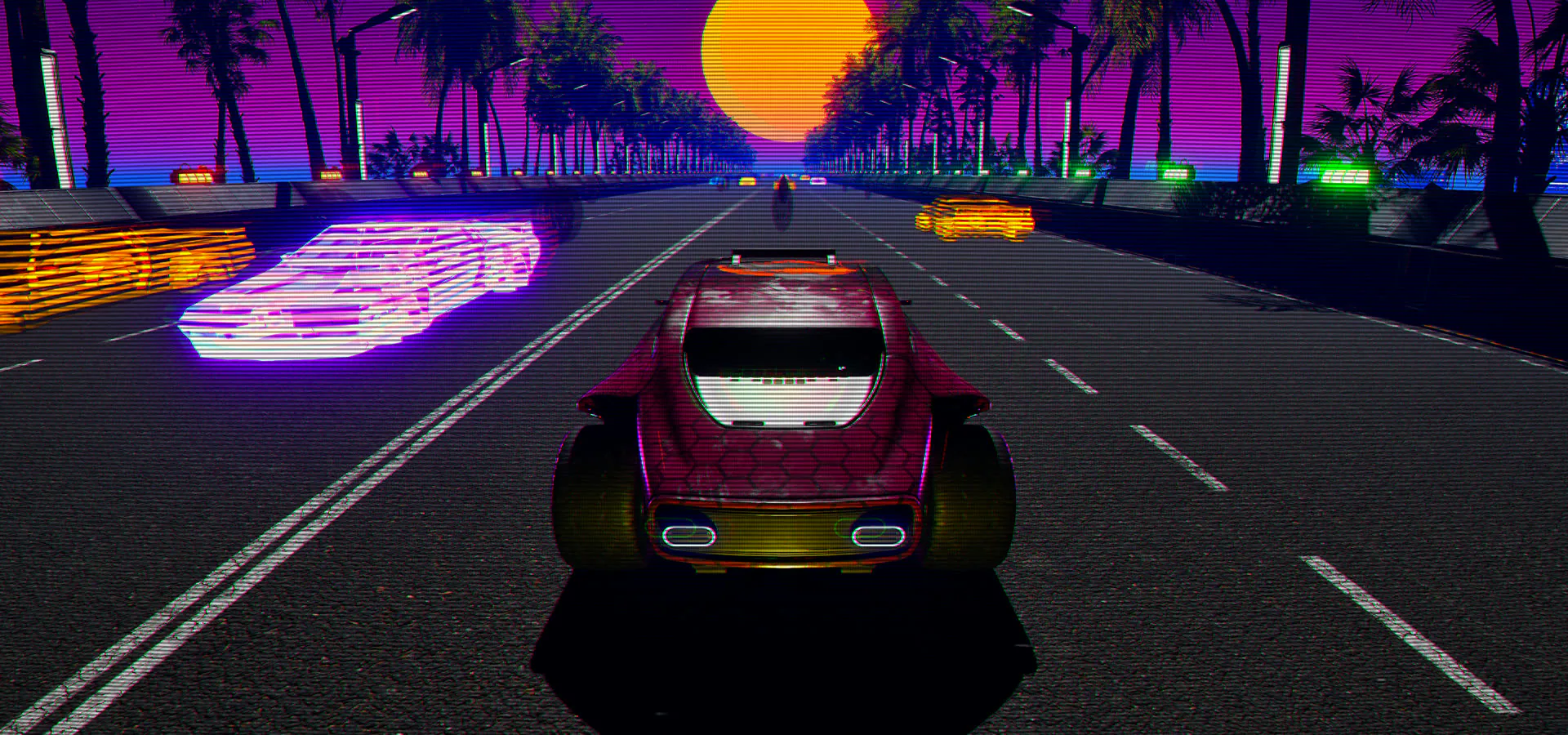 On the road — weaving through traffic past a hologram car