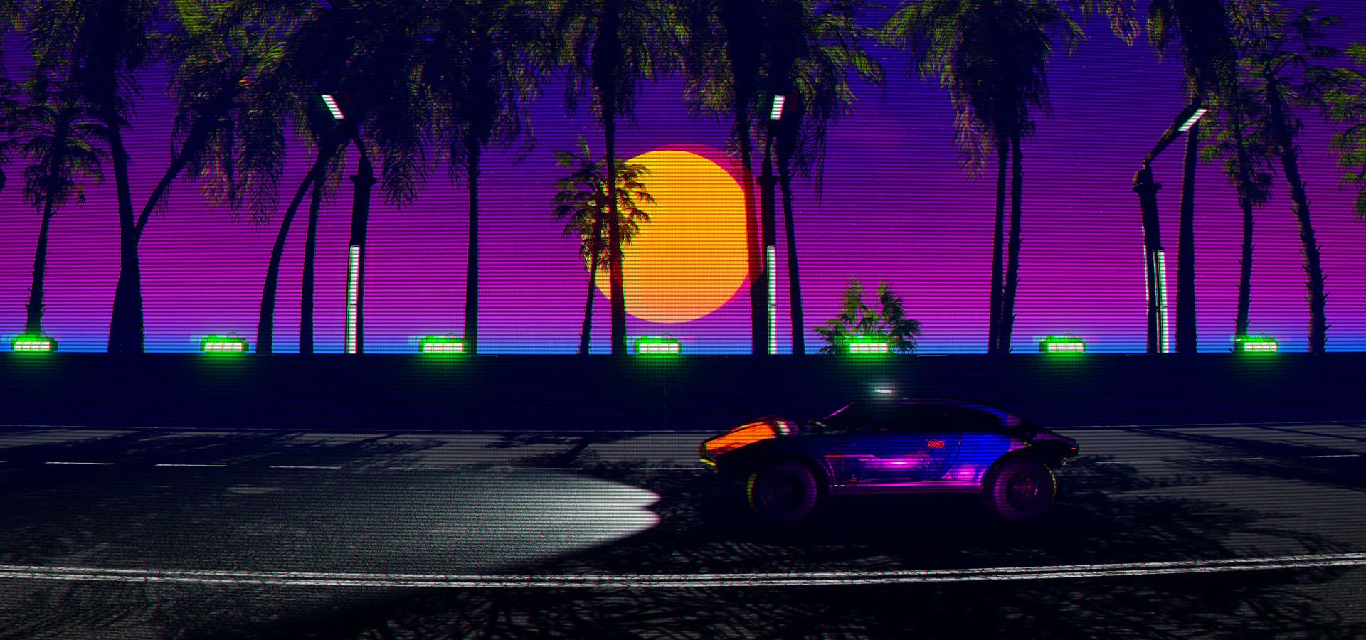 The night highway under the synthwave sun