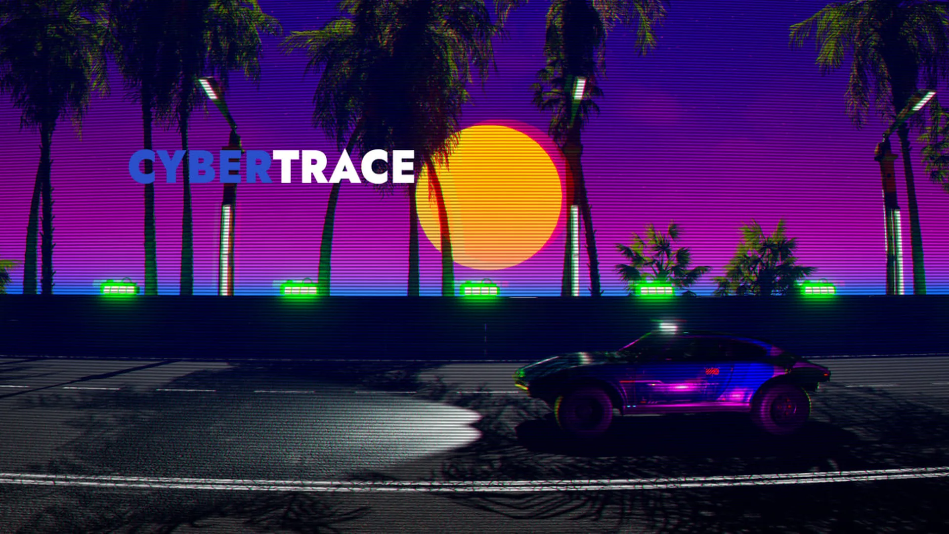 CyberTrace title over a car on a neon highway at sunset