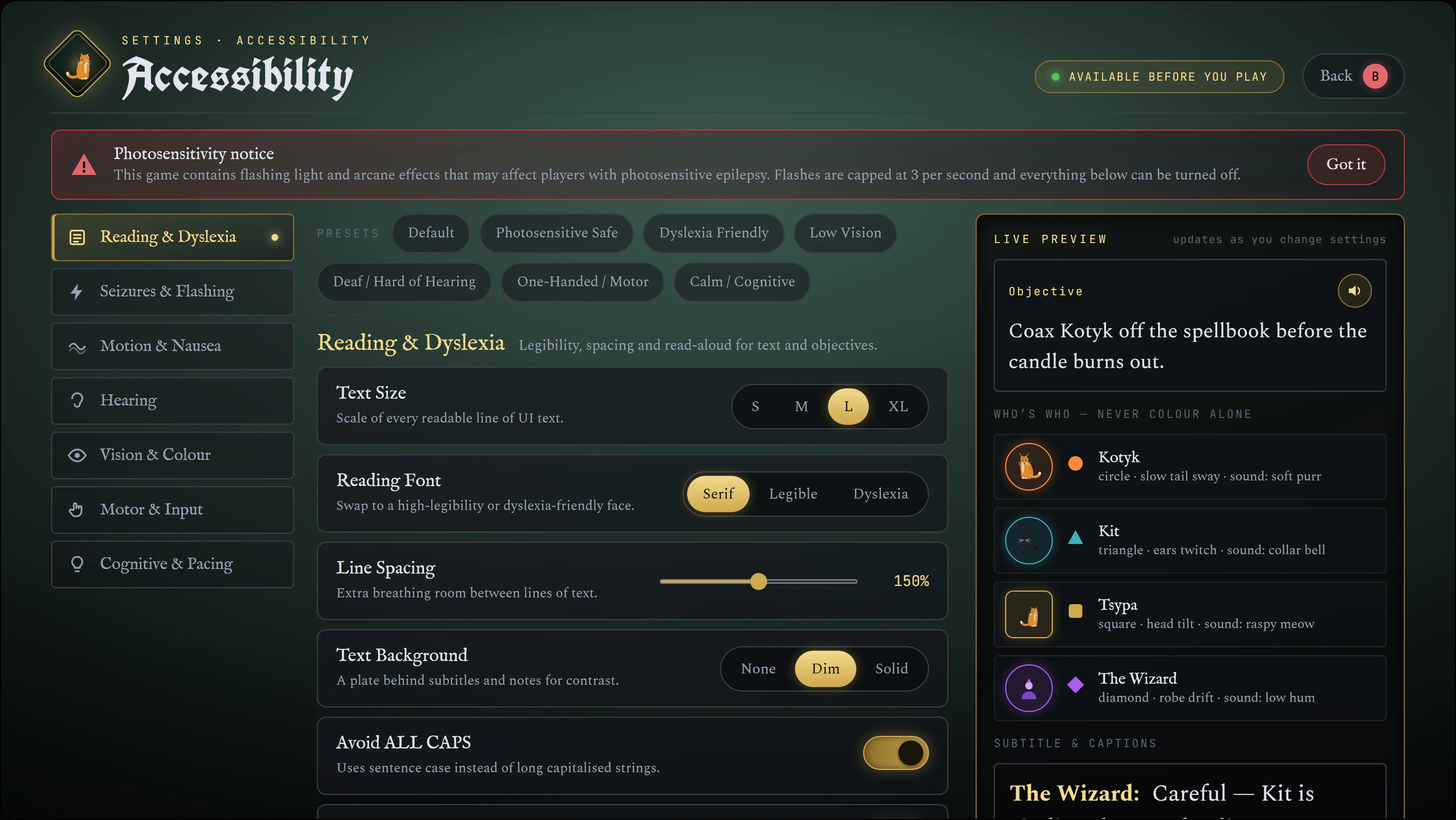 Mind the Cat UI design: Accessibility — presets, reading, flashing, motion, hearing, vision, motor and pacing, with a live preview
