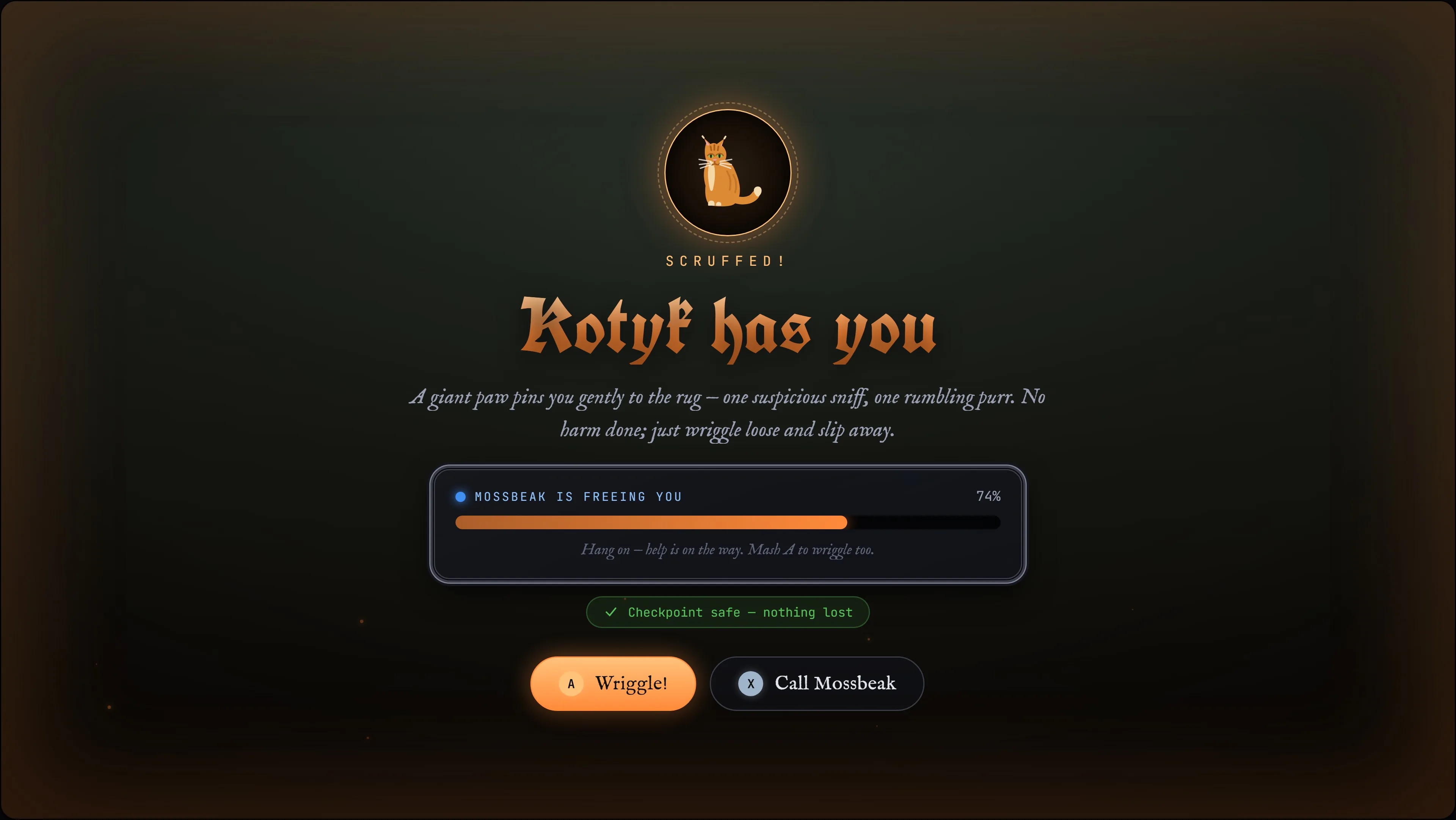 Mind the Cat UI design: Caught — nothing is lost; wriggle free or call a friend