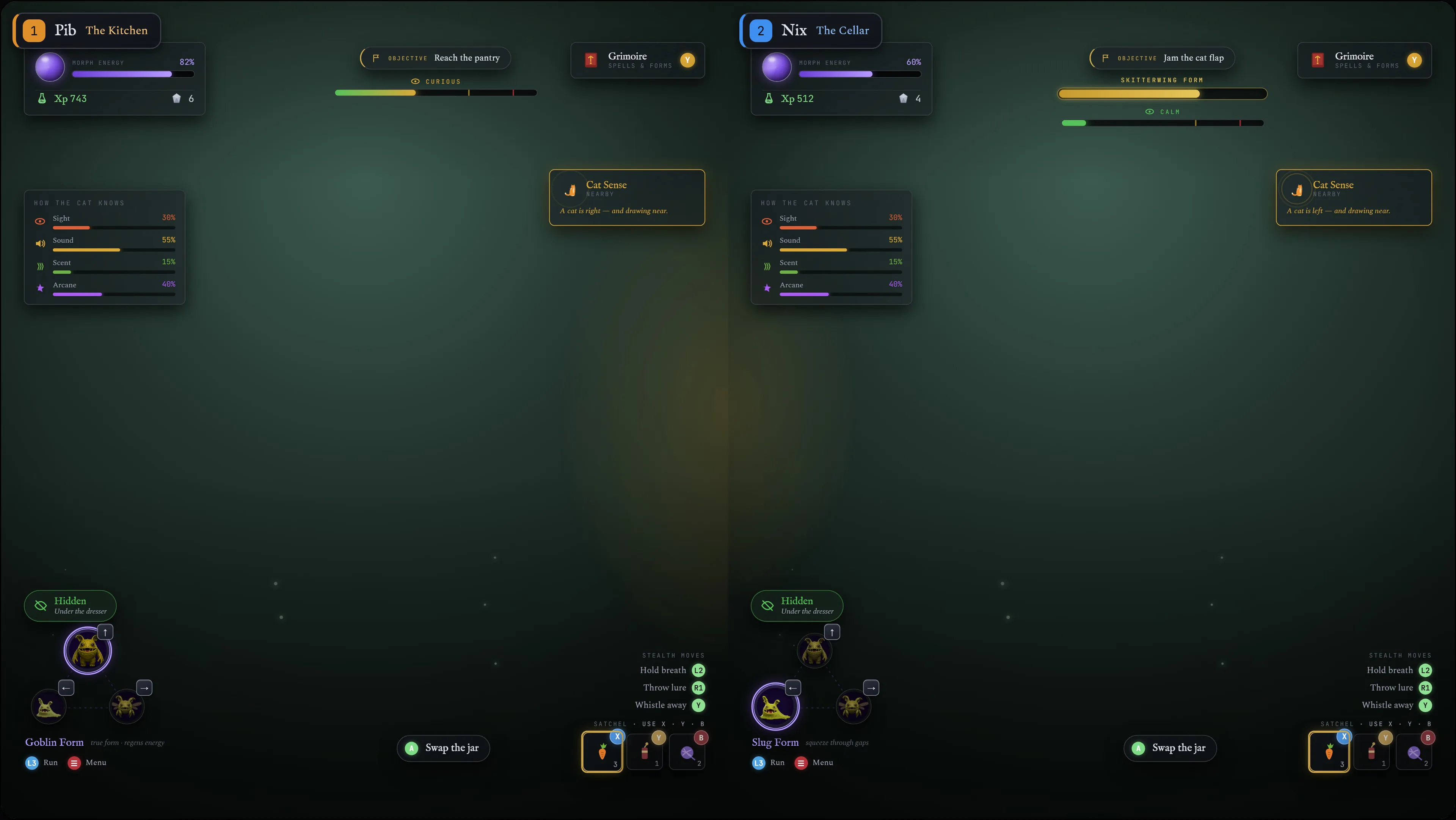 Mind the Cat UI design: Two-player split screen, each half with its own HUD