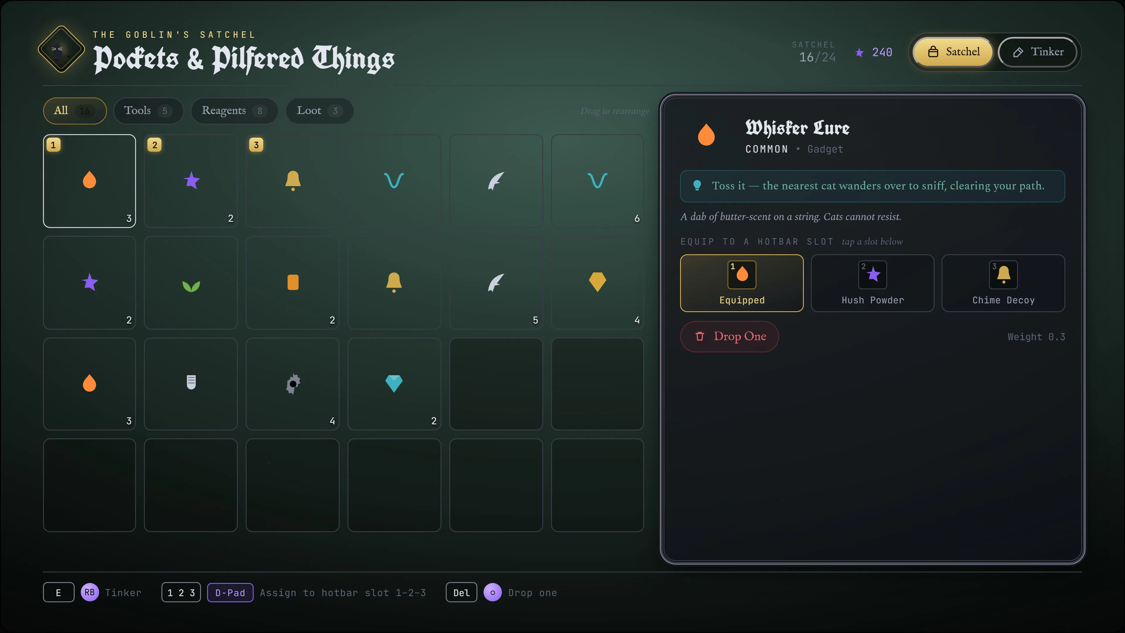Mind the Cat UI design: The satchel — inventory and crafting
