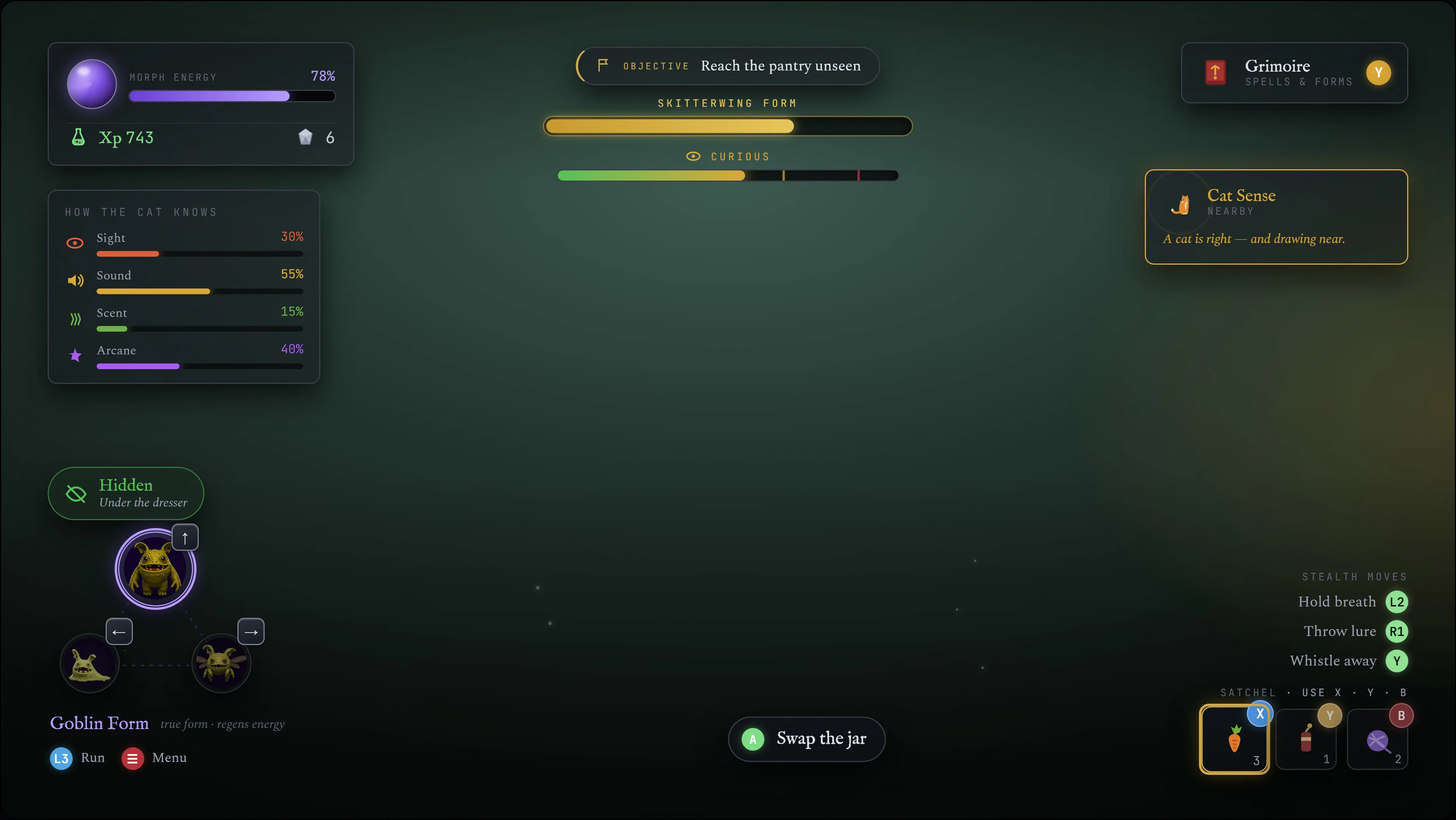 Mind the Cat UI design: The in-game HUD — objective, awareness meters, forms and quick slots