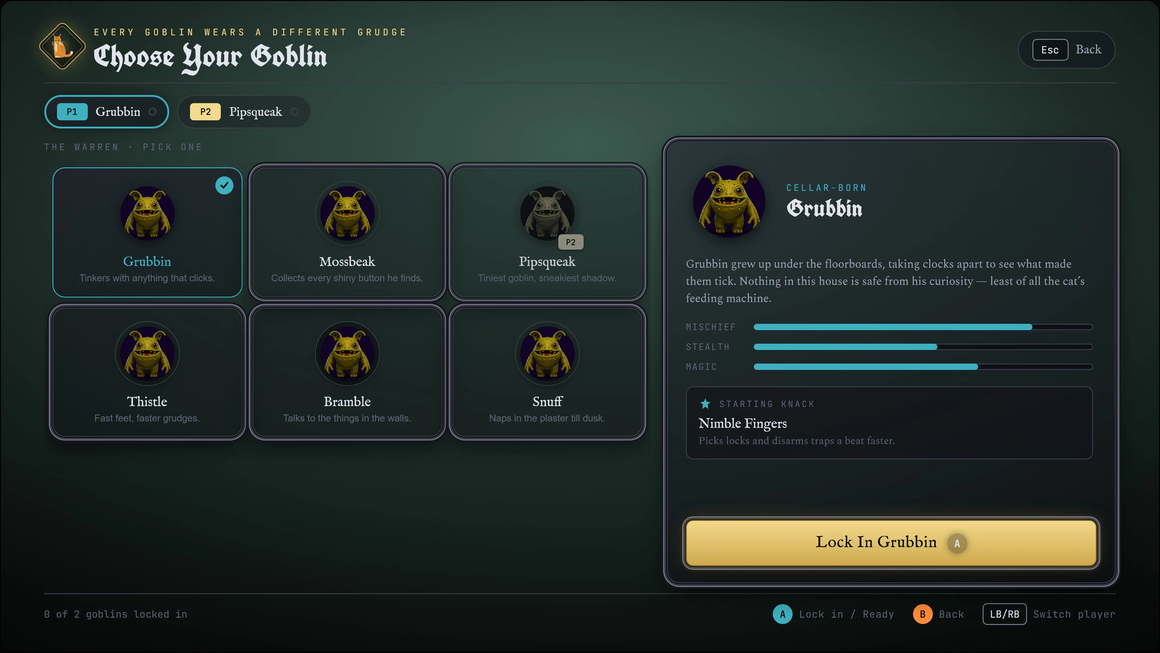 Mind the Cat UI design: Picking a goblin — each player locks in their own