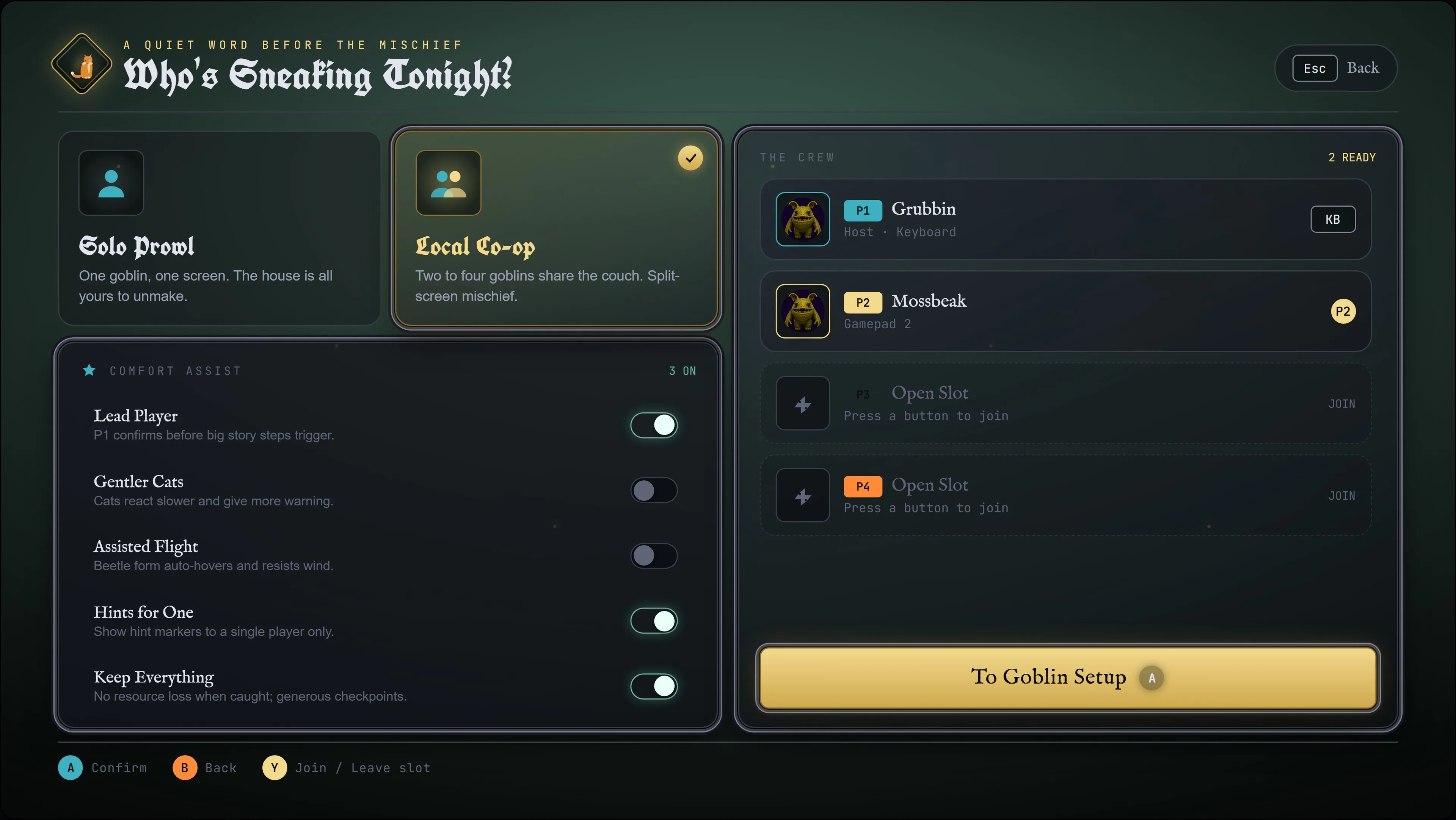 Mind the Cat UI design: Choosing solo or couch co-op, gathering the crew, and family comfort assists