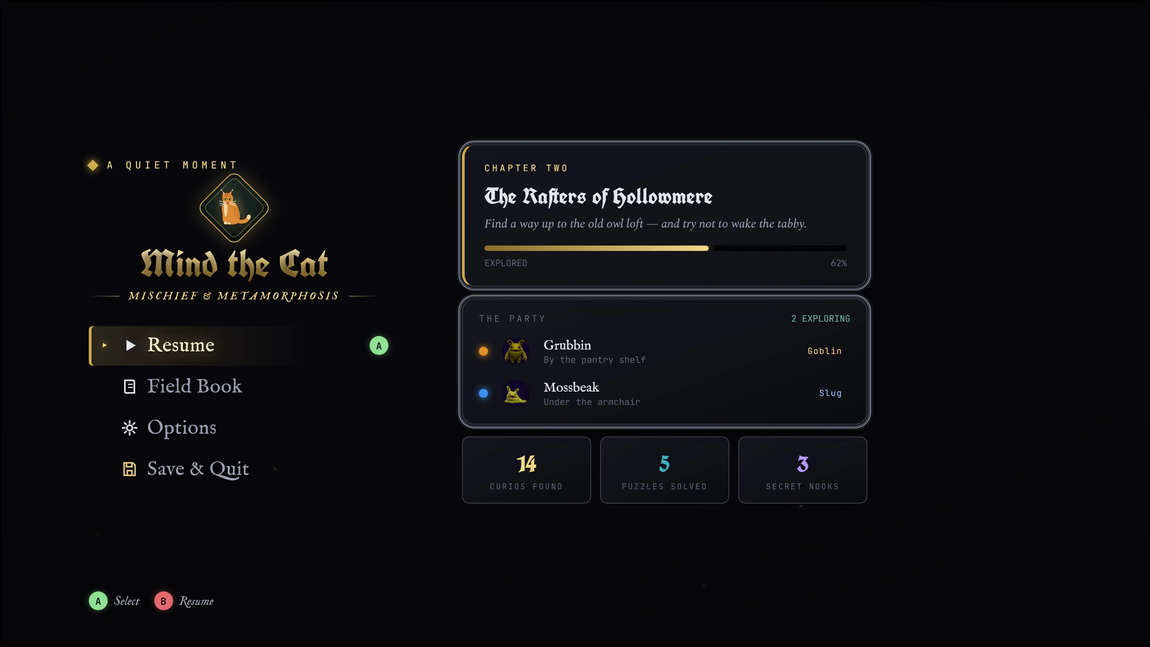 Mind the Cat UI design: Pause menu with the party and progress