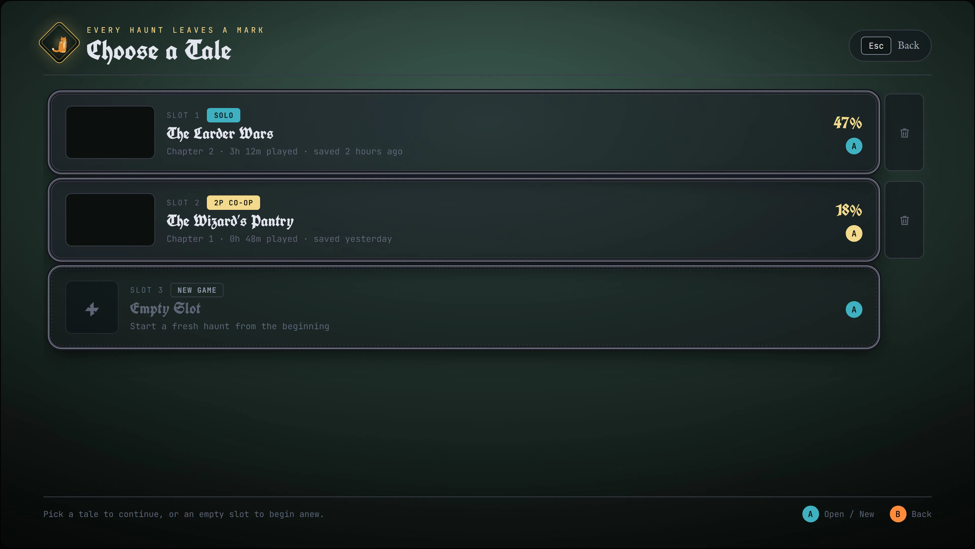 Mind the Cat UI design: Save slots, solo and co-op