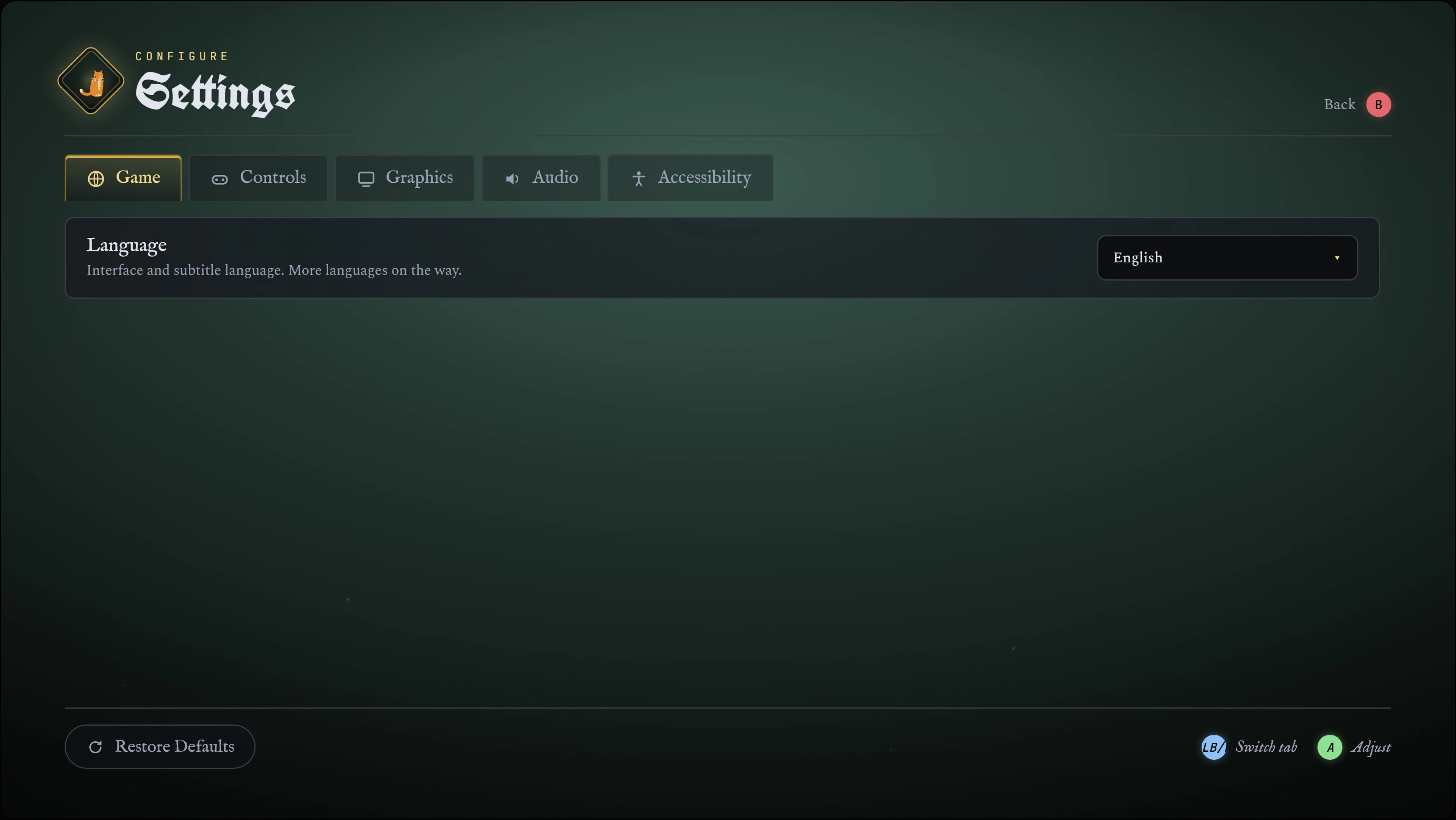 Mind the Cat UI design: Settings — game, controls, graphics, audio, accessibility