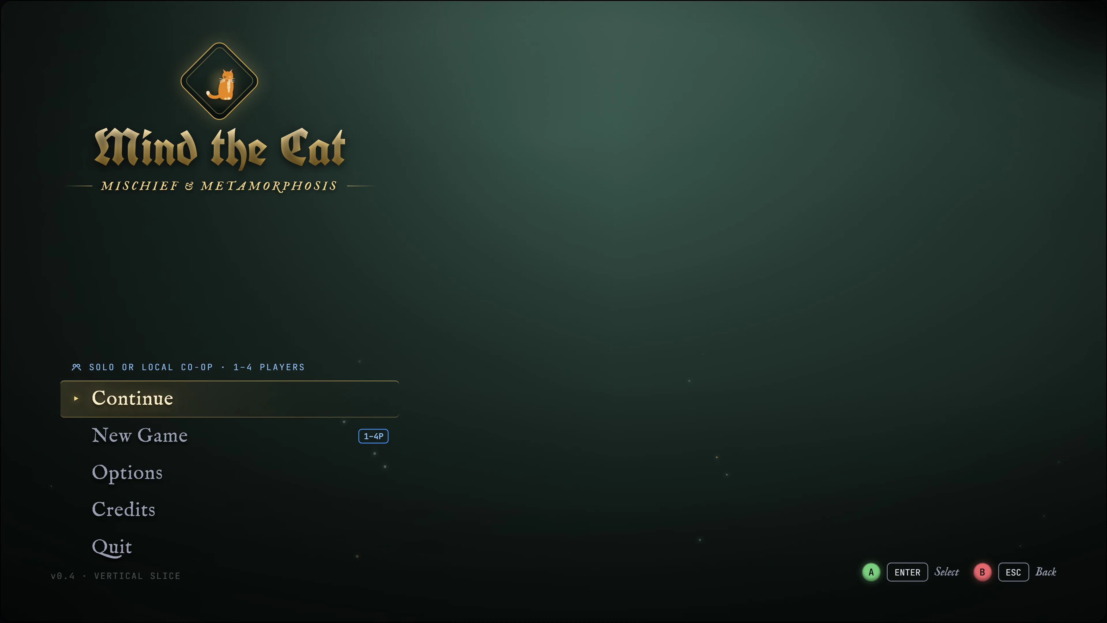 Mind the Cat UI design: Title screen — solo or local co-op for one to four players