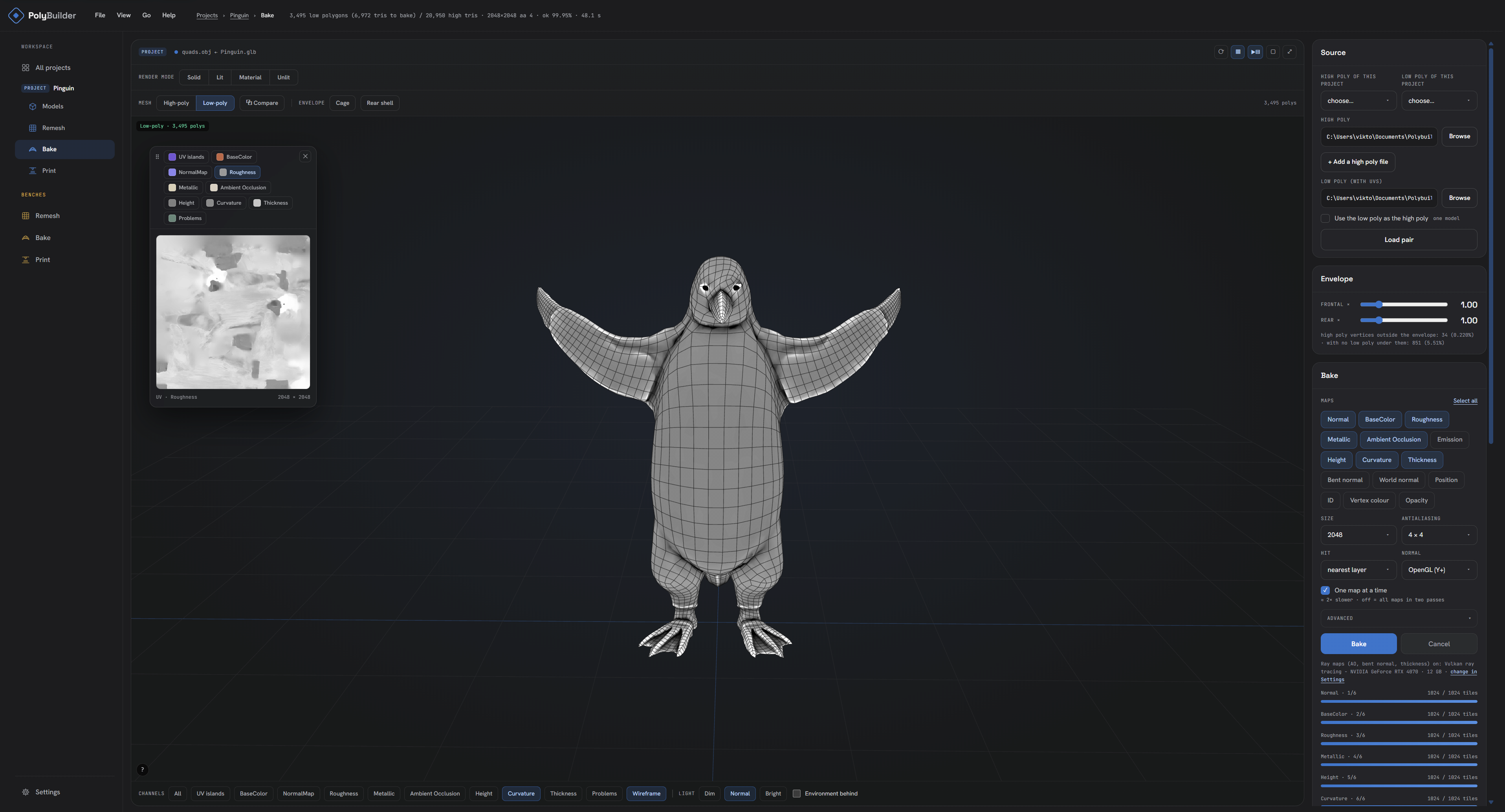 PolyBuilder: Bake — maps chosen per channel, baked with GPU ray tracing, previewed on the low-poly model