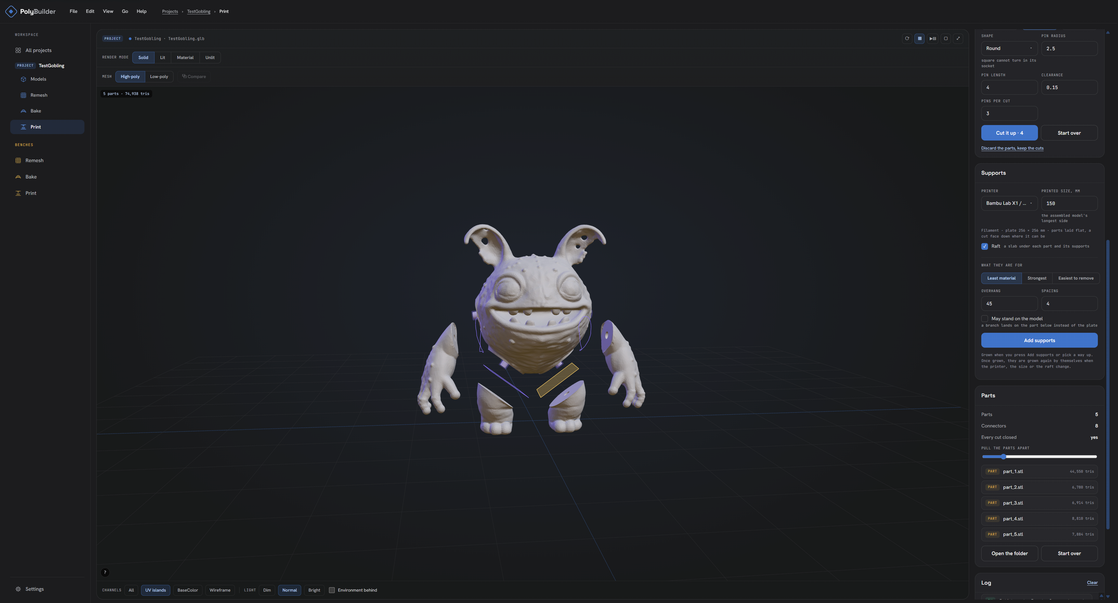PolyBuilder: Print — a model cut into parts with pin connectors