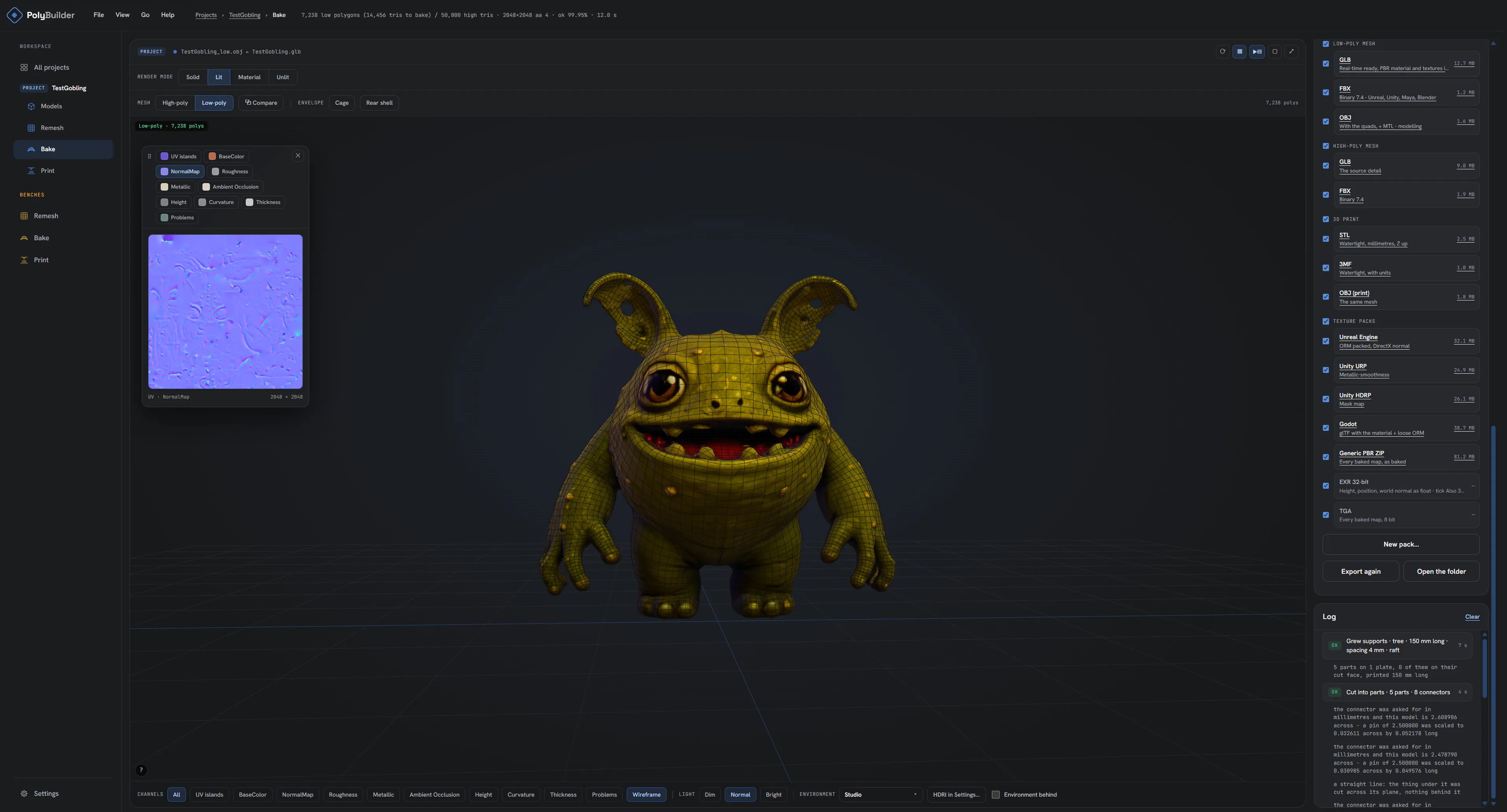 PolyBuilder: Export — a baked low-poly goblin with its quad wireframe, and ready packs for Unreal, Unity, Godot and 3D printing