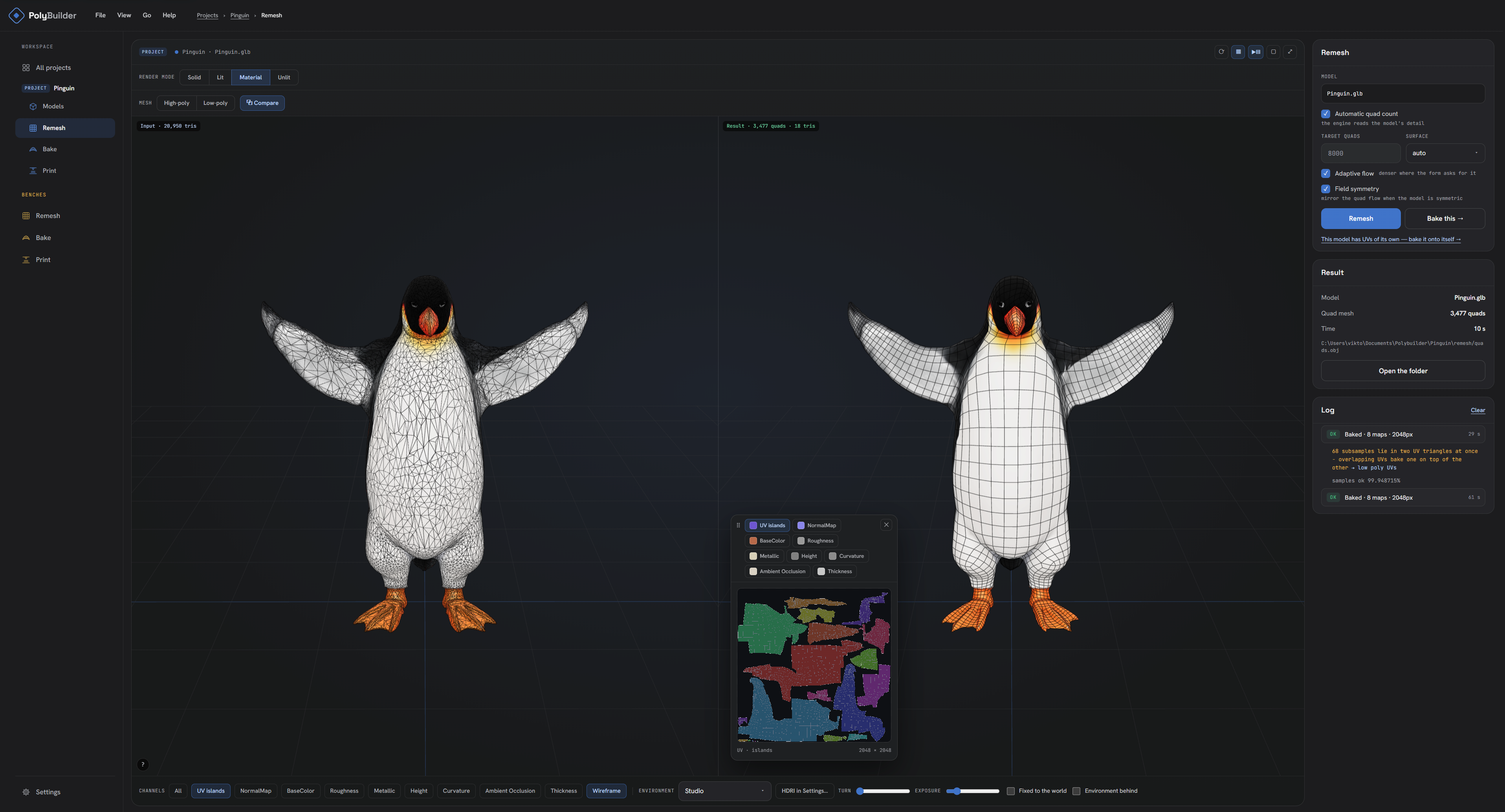 PolyBuilder: Remesh — a dense triangulated input beside the clean quad mesh, with its UV islands