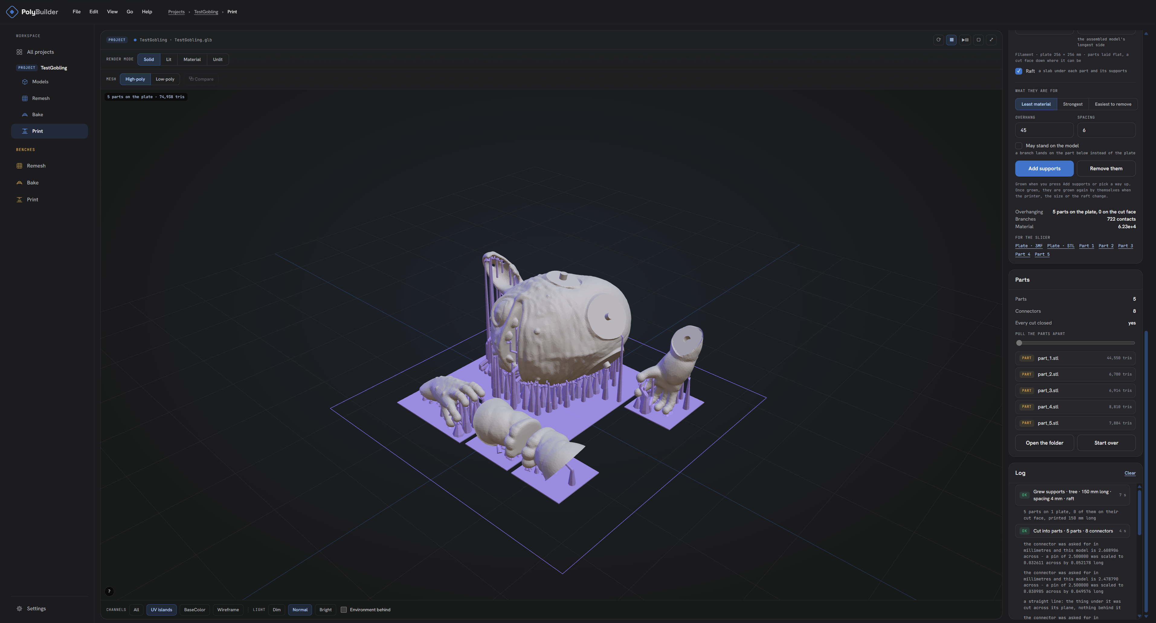 PolyBuilder: Print — parts laid on the plate with tree supports grown, ready for the slicer