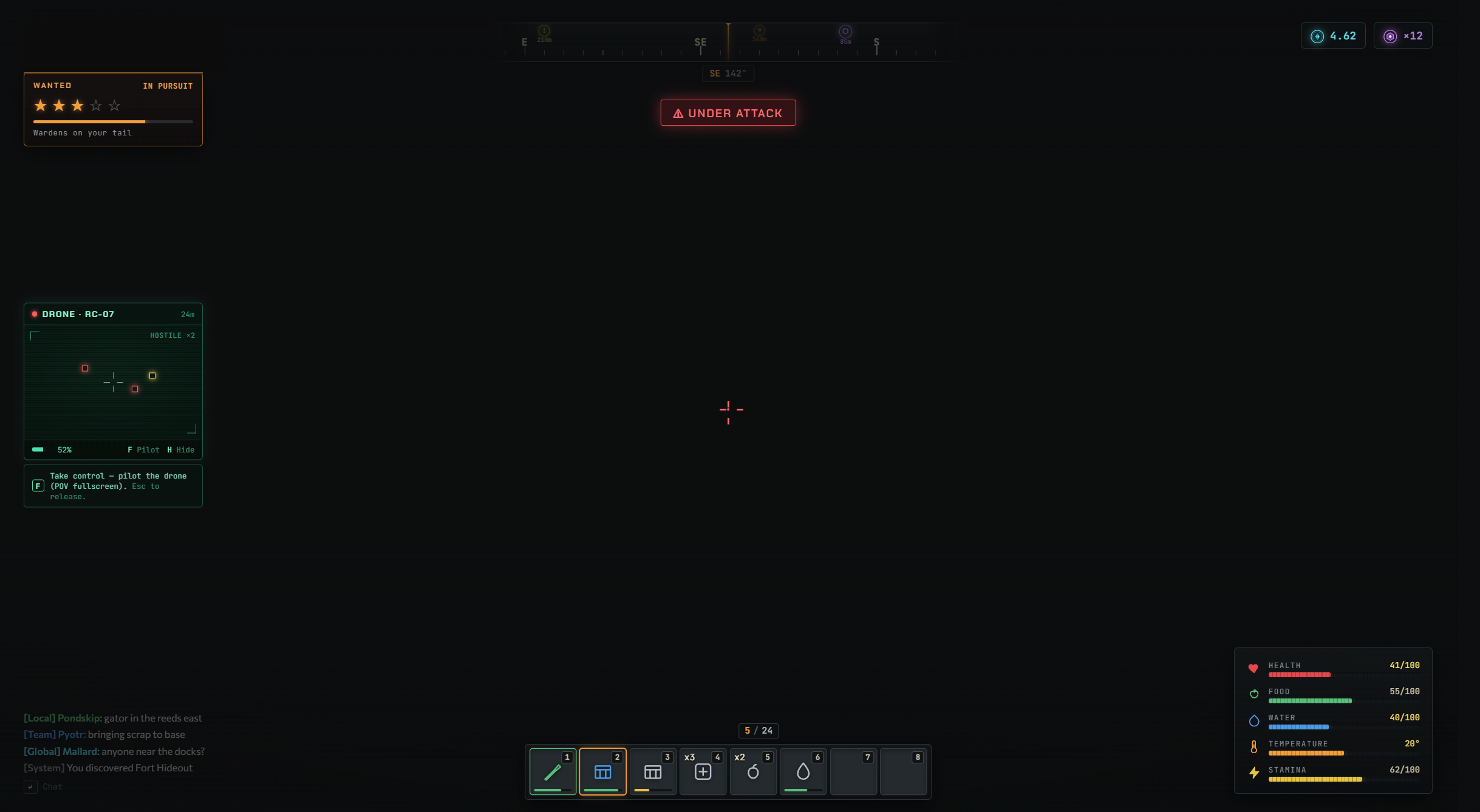 Quackiverse: The HUD in combat — wanted level, a drone feed, compass, hotbar, vitals and chat