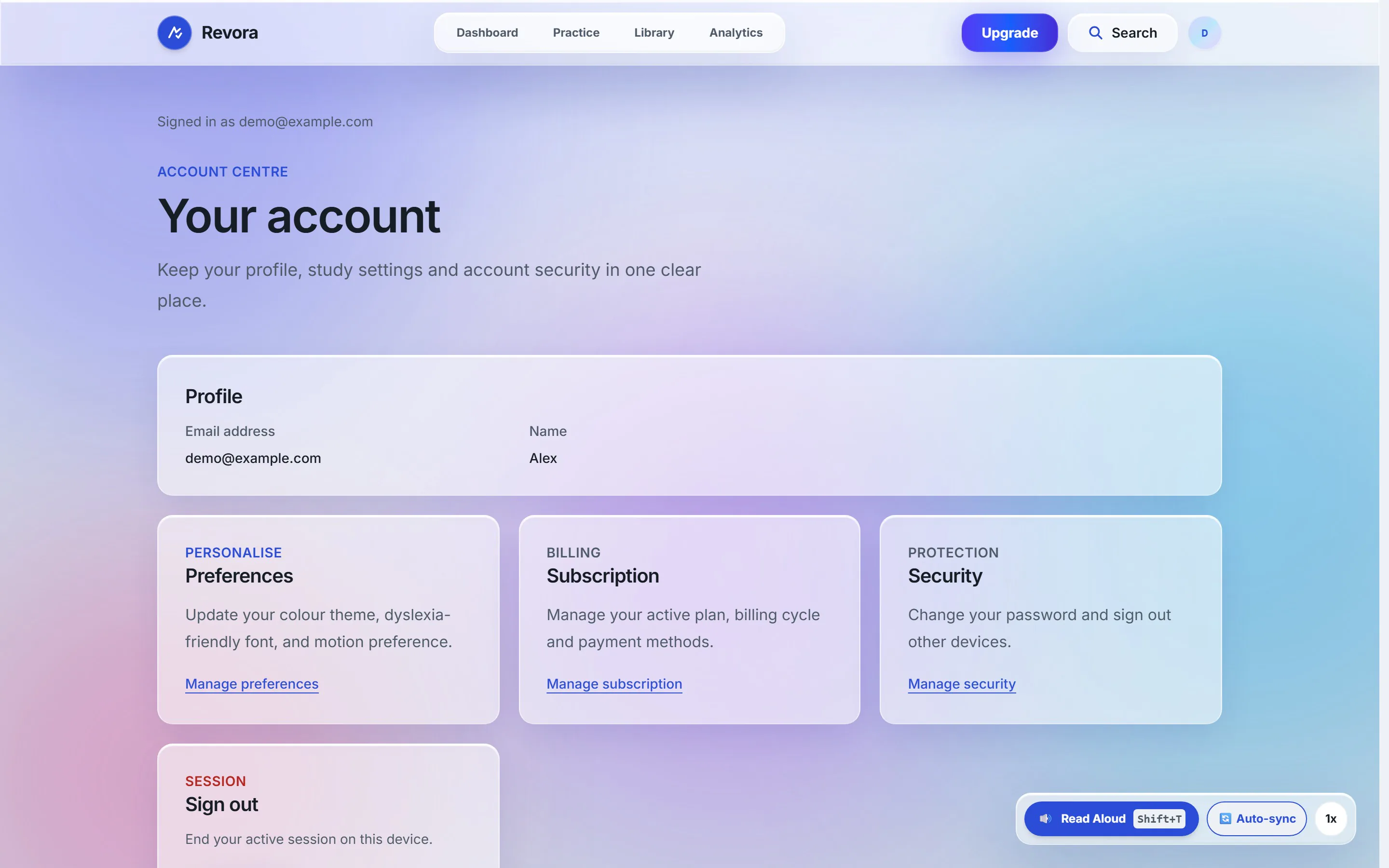 Revora: Account — profile, preferences, subscription and security