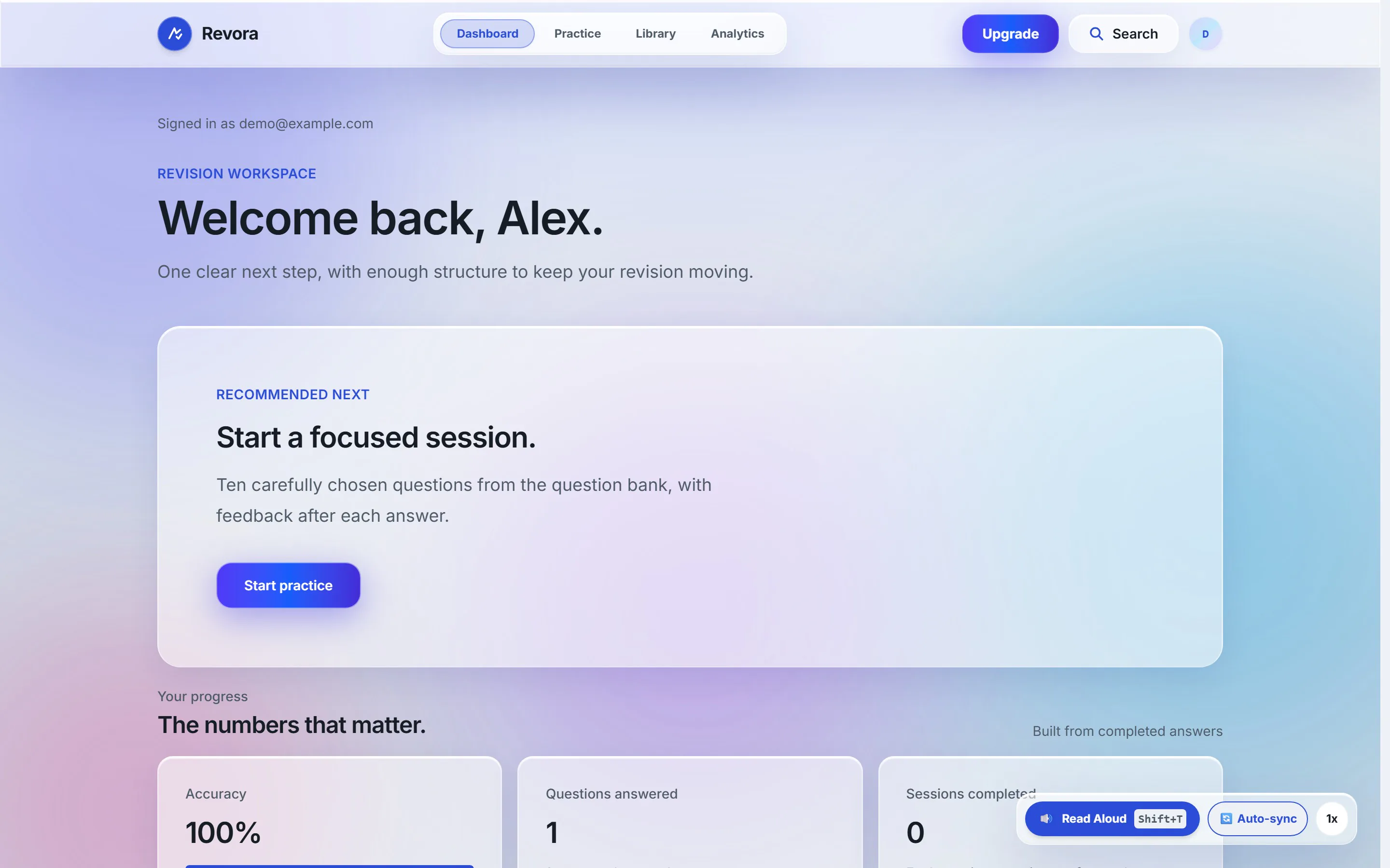 Revora: Dashboard — one clear next step and progress from real answers