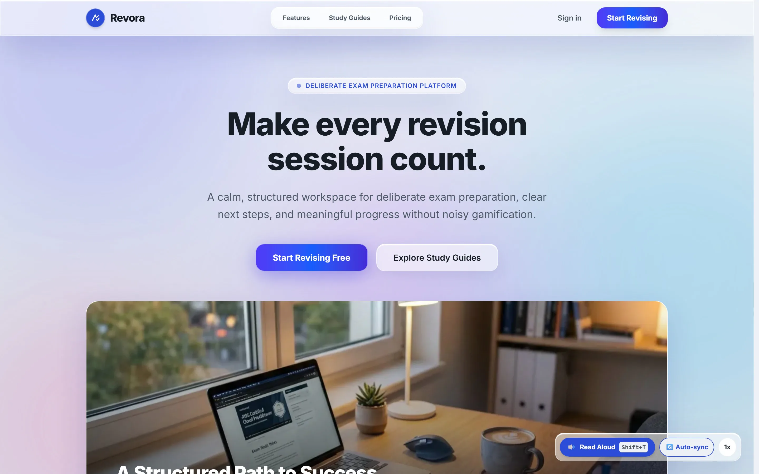 Revora: Home — a calm landing that leads straight into revision