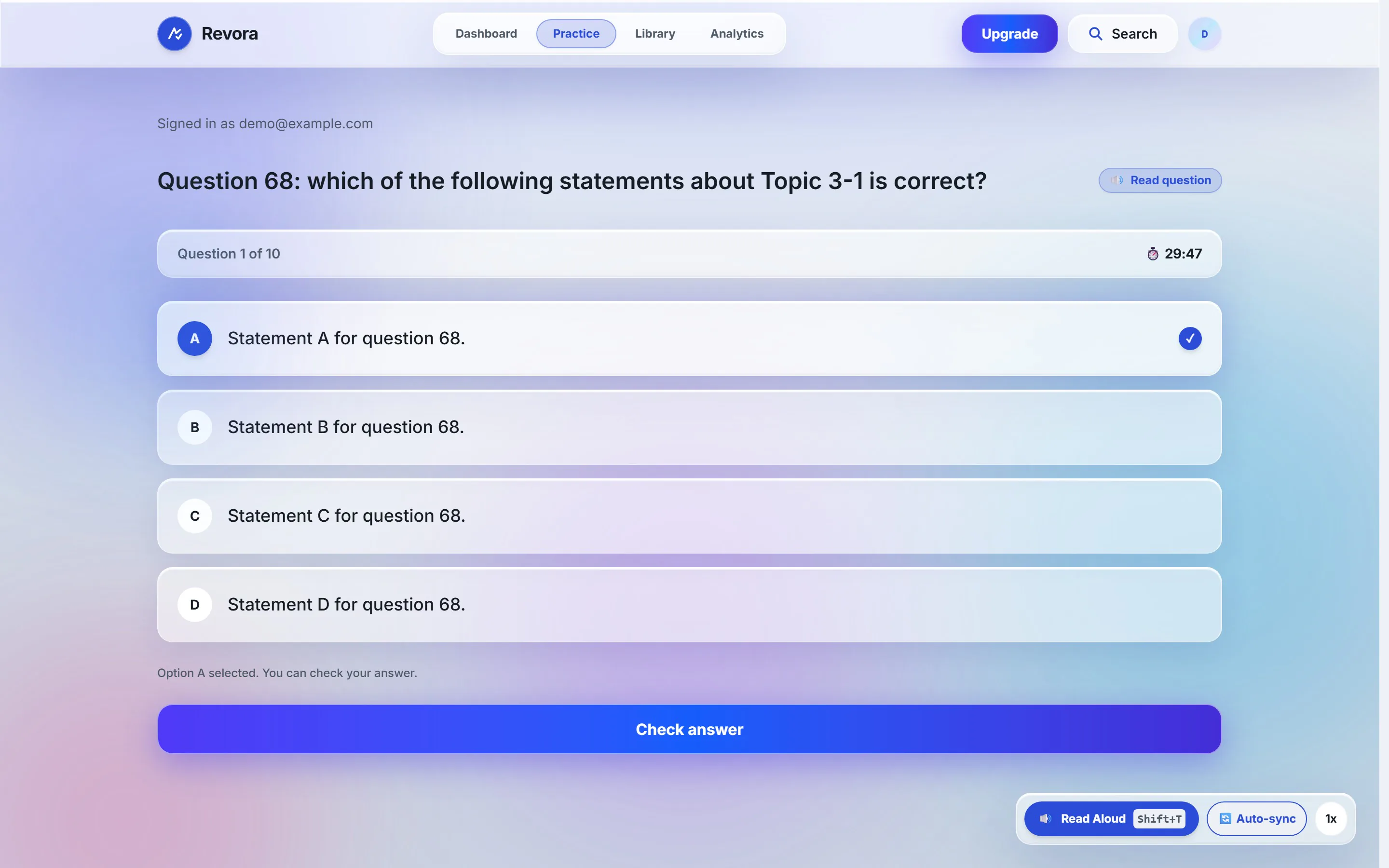 Revora: A practice question, with a timer and read-aloud