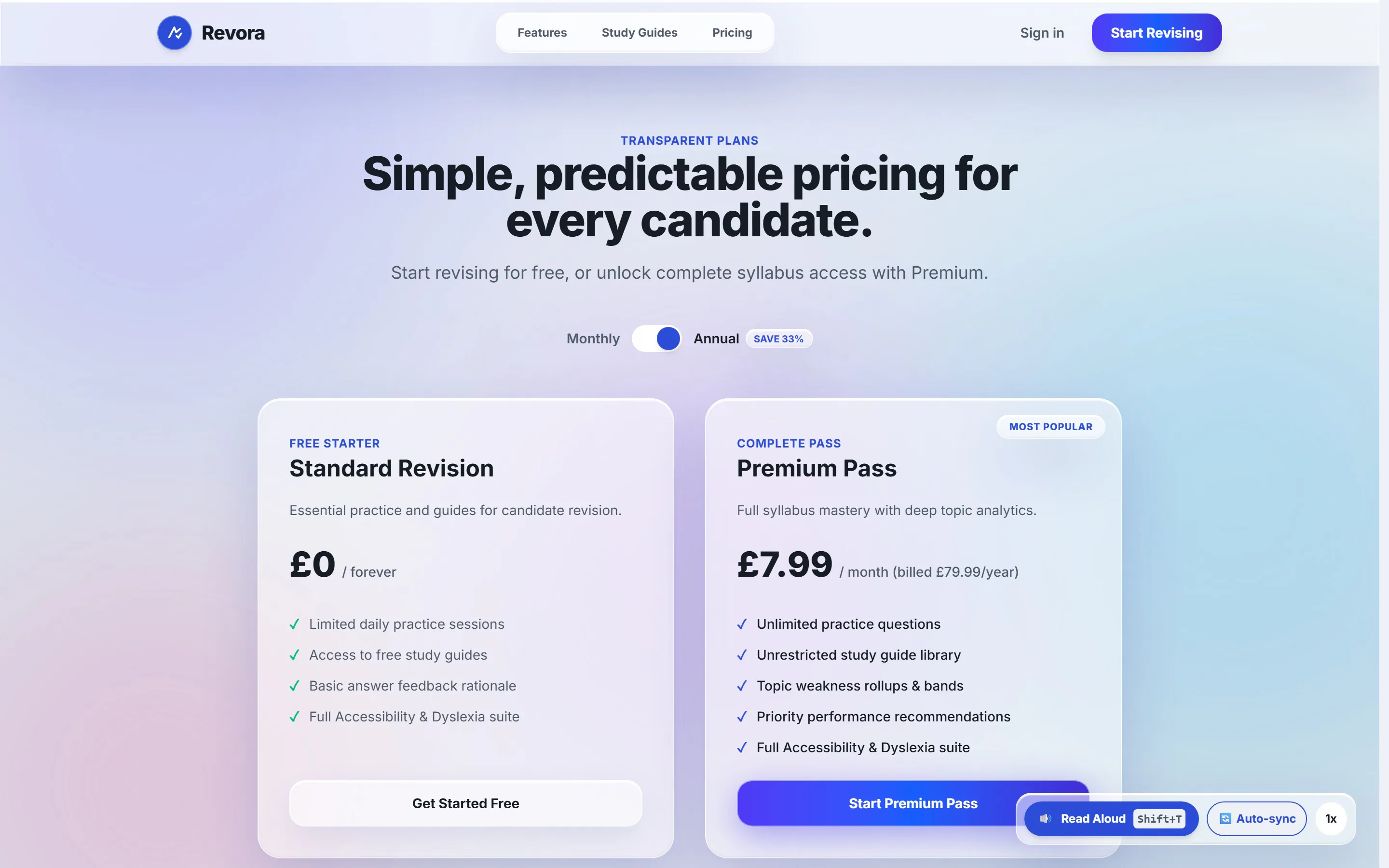 Revora: Pricing — a free tier and a premium plan, monthly or annual