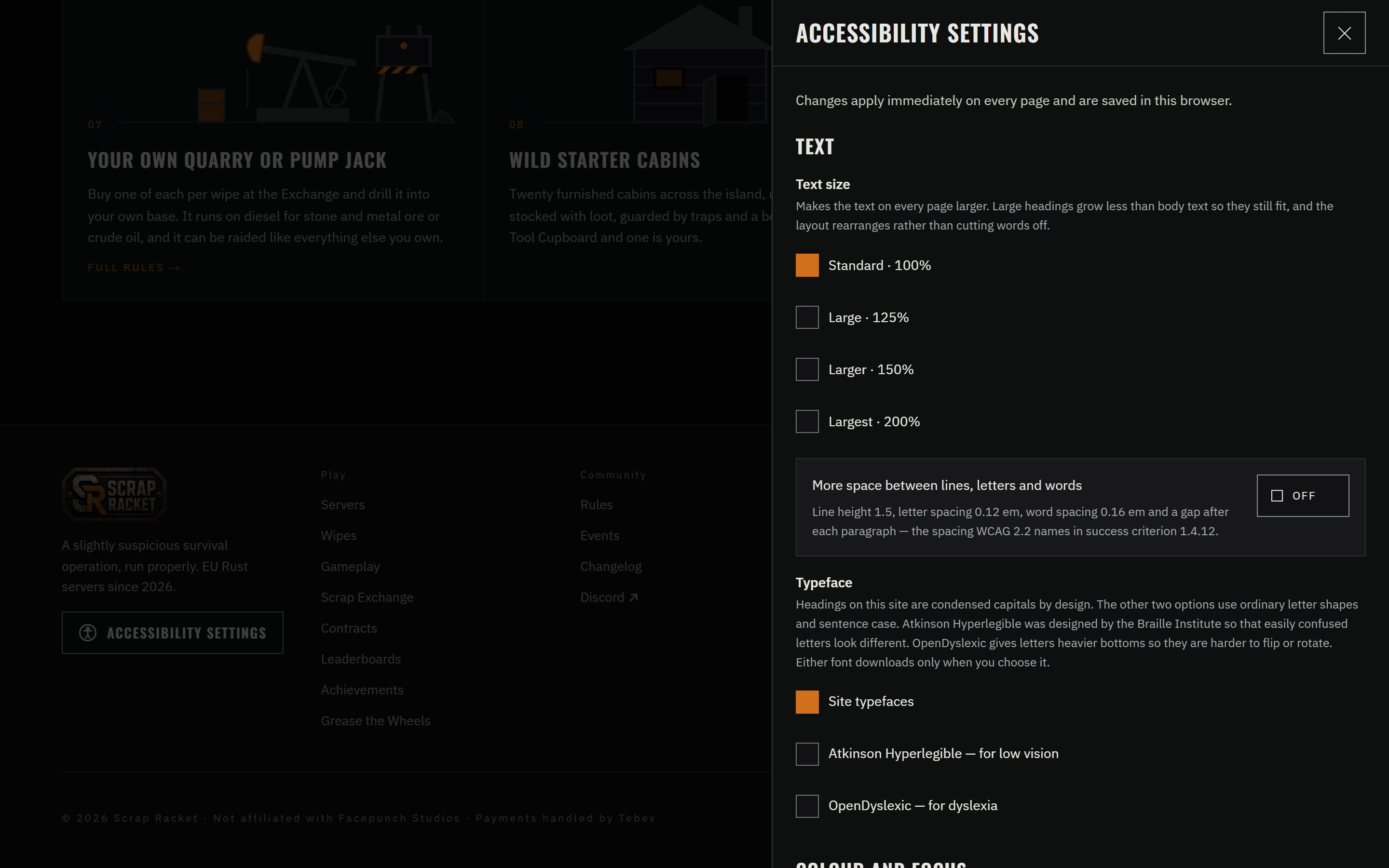 Accessibility settings — text size, spacing, fonts, contrast, motion, speech
