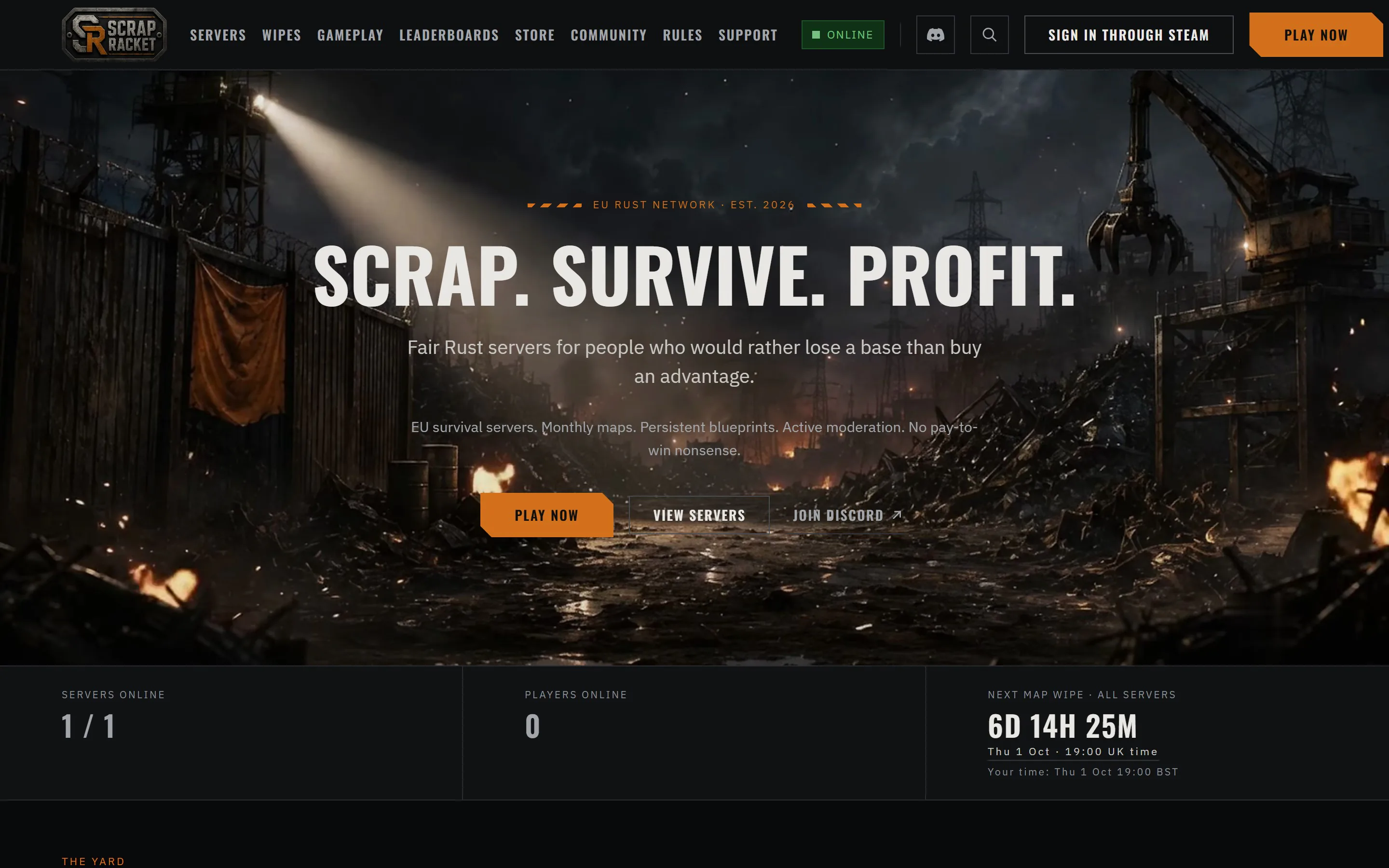 Home — the hero, live server count and the countdown to the next wipe