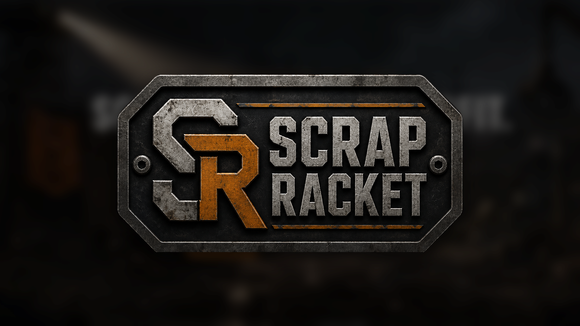 Scrap Racket logo — a riveted scrap-metal plate — over the site's night scrapyard art
