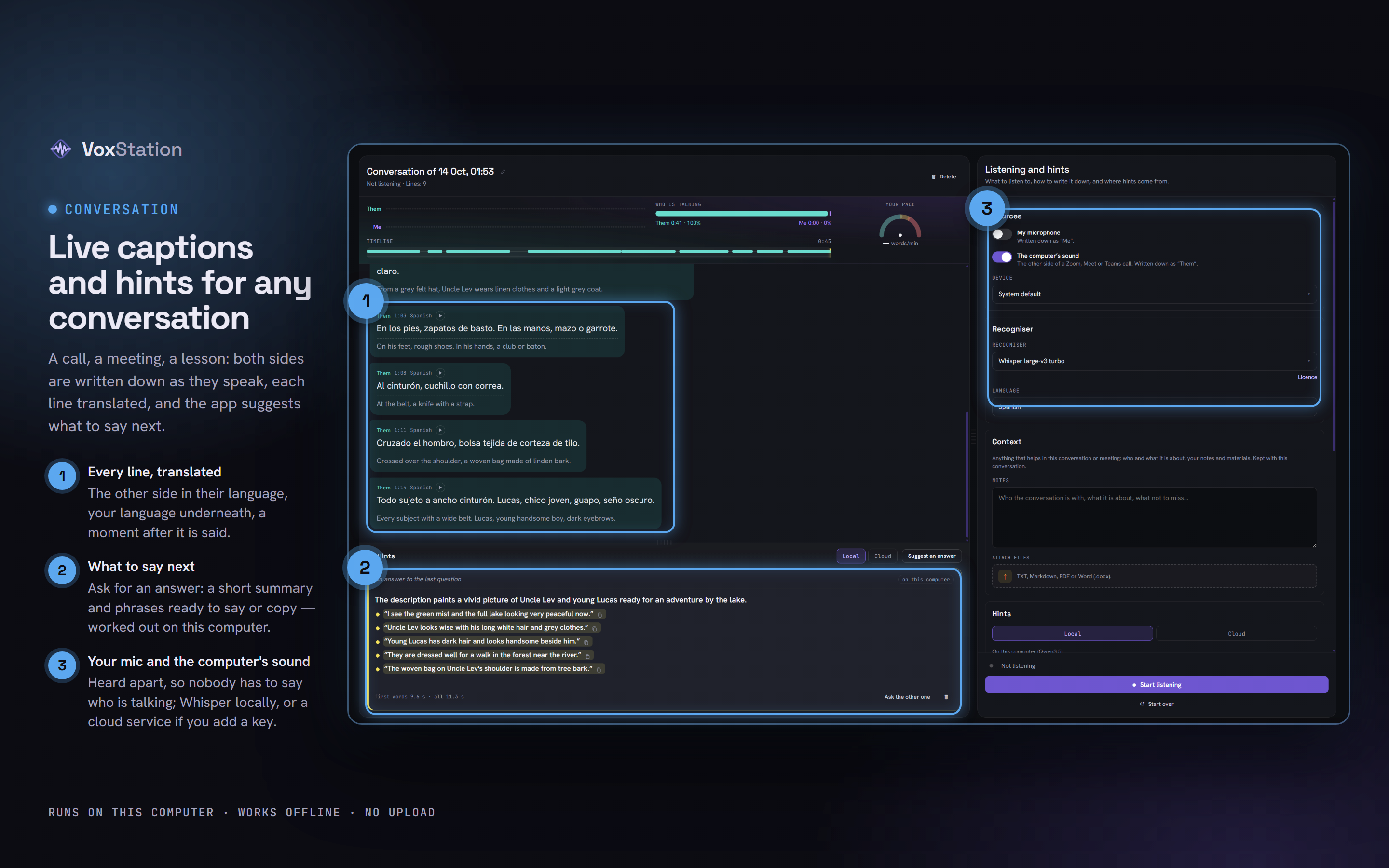 VoxStation: Live captions and hints for any conversation
