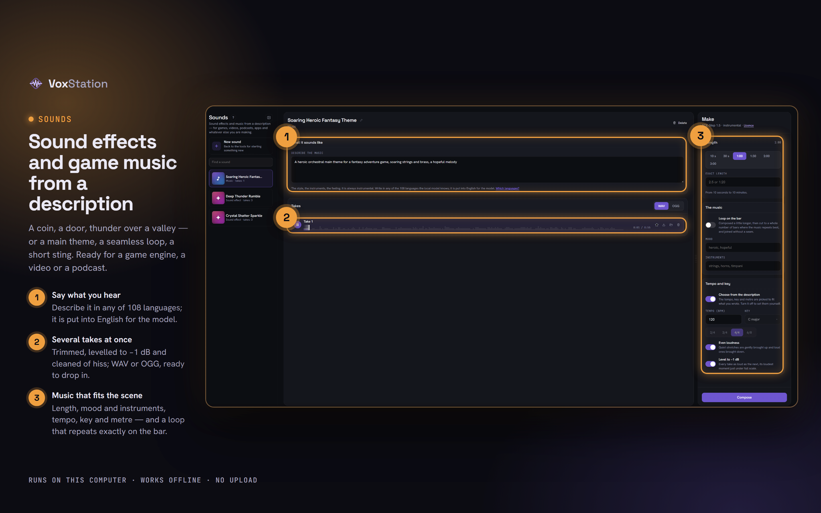 VoxStation: Sound effects and game music from a description